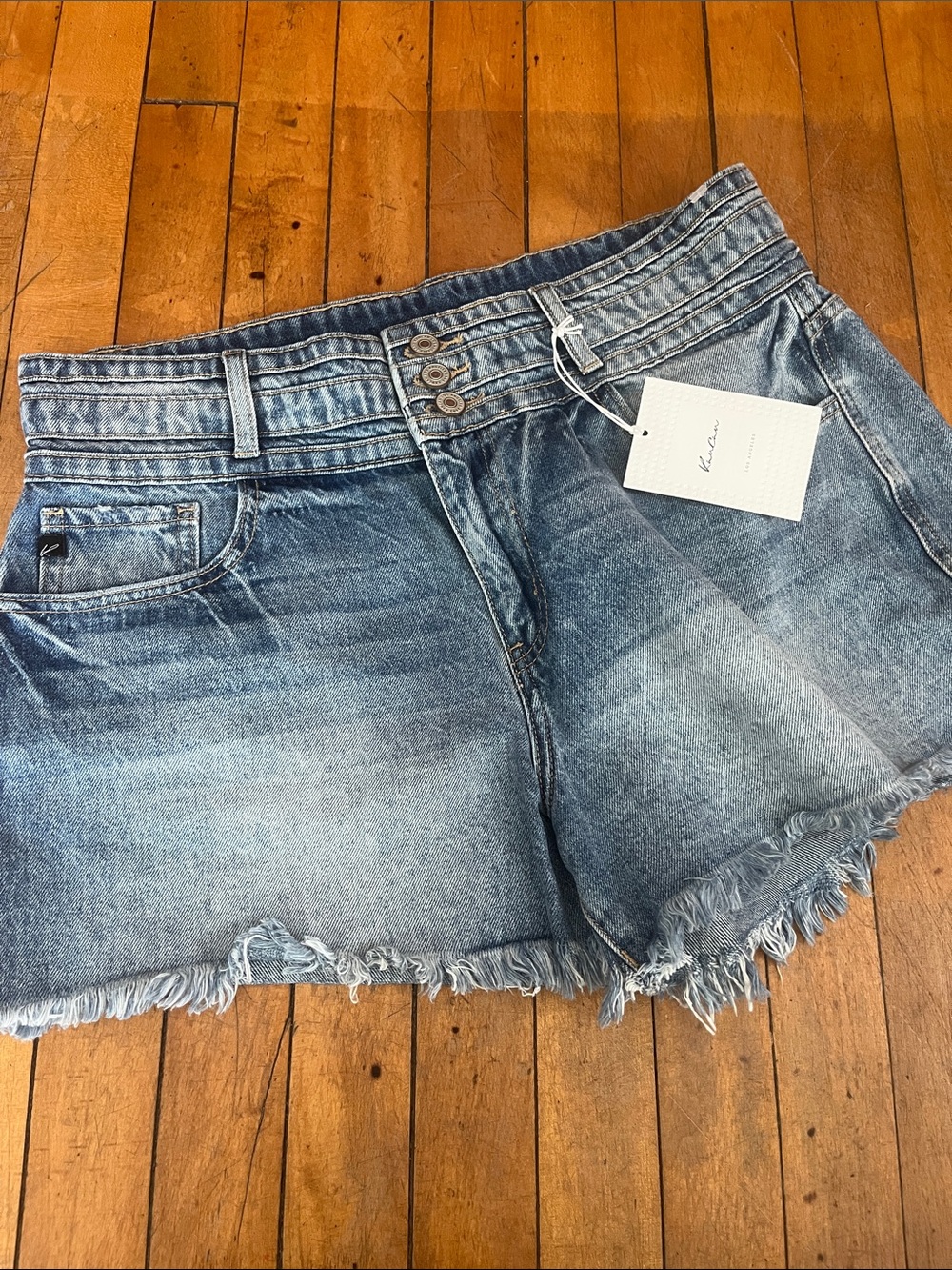Kancan Women's high rise Light Blue Denim Frayed Hem Shorts